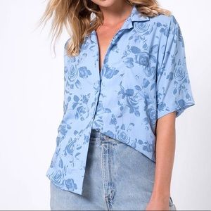 Motel Dusty Blue Rose Print Button-Up